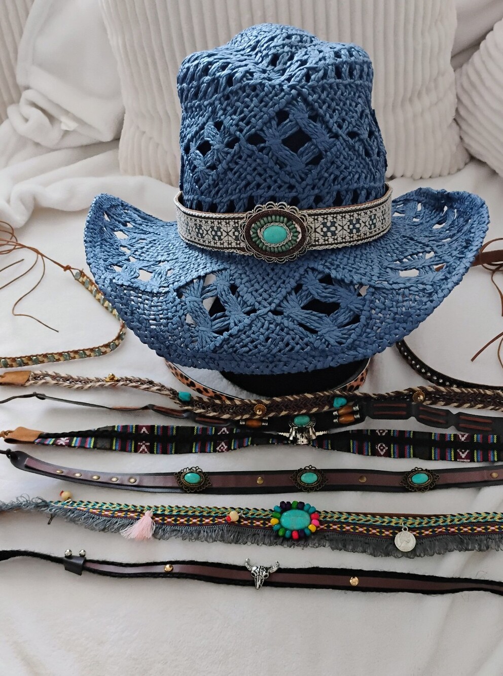 The Steve madden Denim Raffia Straw Hat - Blue Crochet Sun Hat - Picture 4 of 7